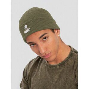 Beechfield NWT Organic Cotton Beanie Hat With Coffee Cup Embroidery ghost hallow